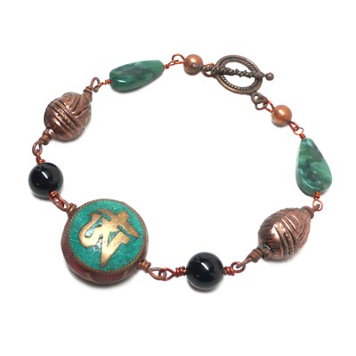 Buddha's Tear Om Aum Copper Wire-Wrap Chunky Gemstone Unisex Bracelet 9.5 Inch OOAK - image2